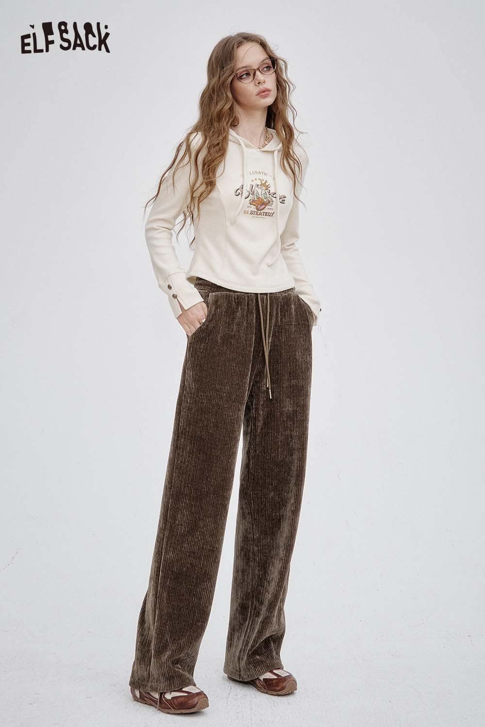 ELFSACK women's slim fit elastic drawstring pants in soft brown fabric for casual comfort