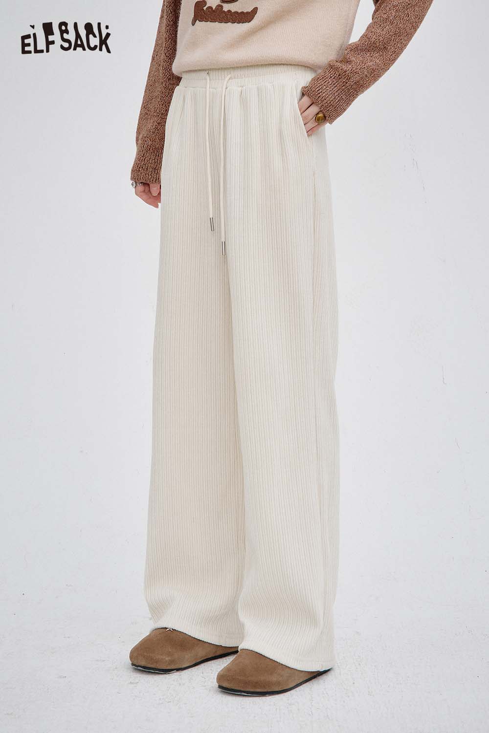 ELFSACK women's slim fit elastic drawstring pants in cream ribbed fabric for comfortable everyday wear