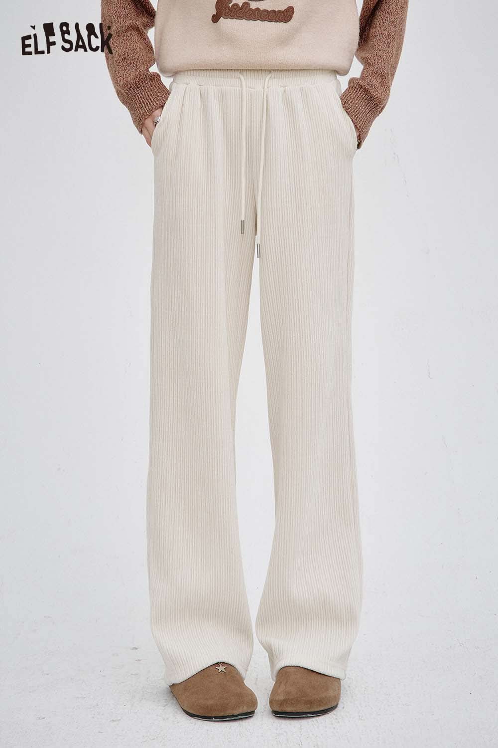 ELFSACK women's slim fit elastic drawstring pants in cream with a soft ribbed texture