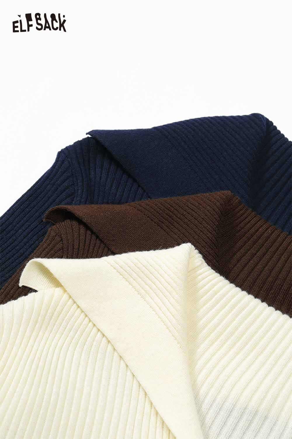 ELFSACK women's slim fit v neck knitwear in assorted colors of navy, brown, and cream.