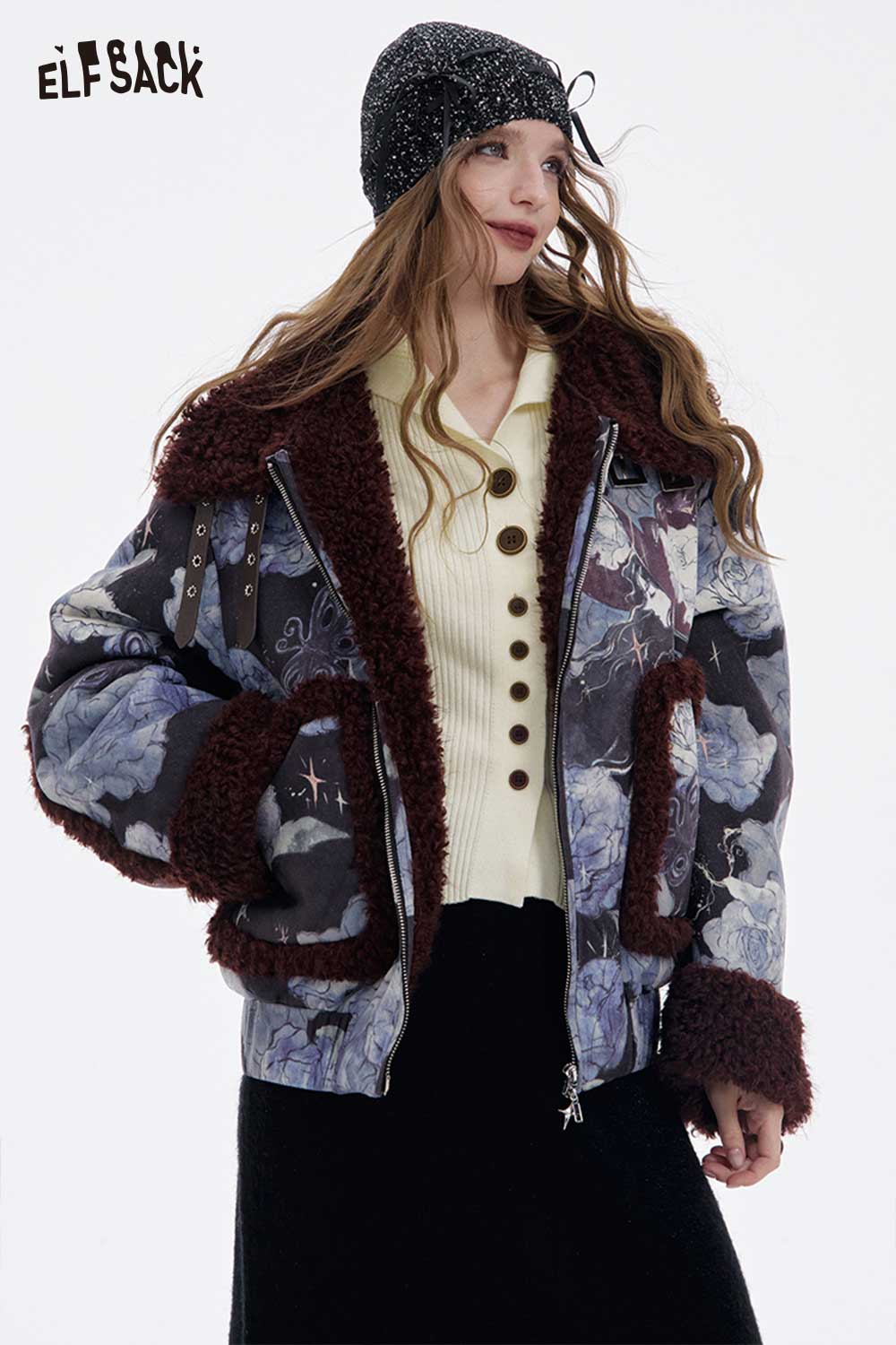 ELFSACK women's slim fit v neck knitwear layered under a floral jacket for a stylish winter look