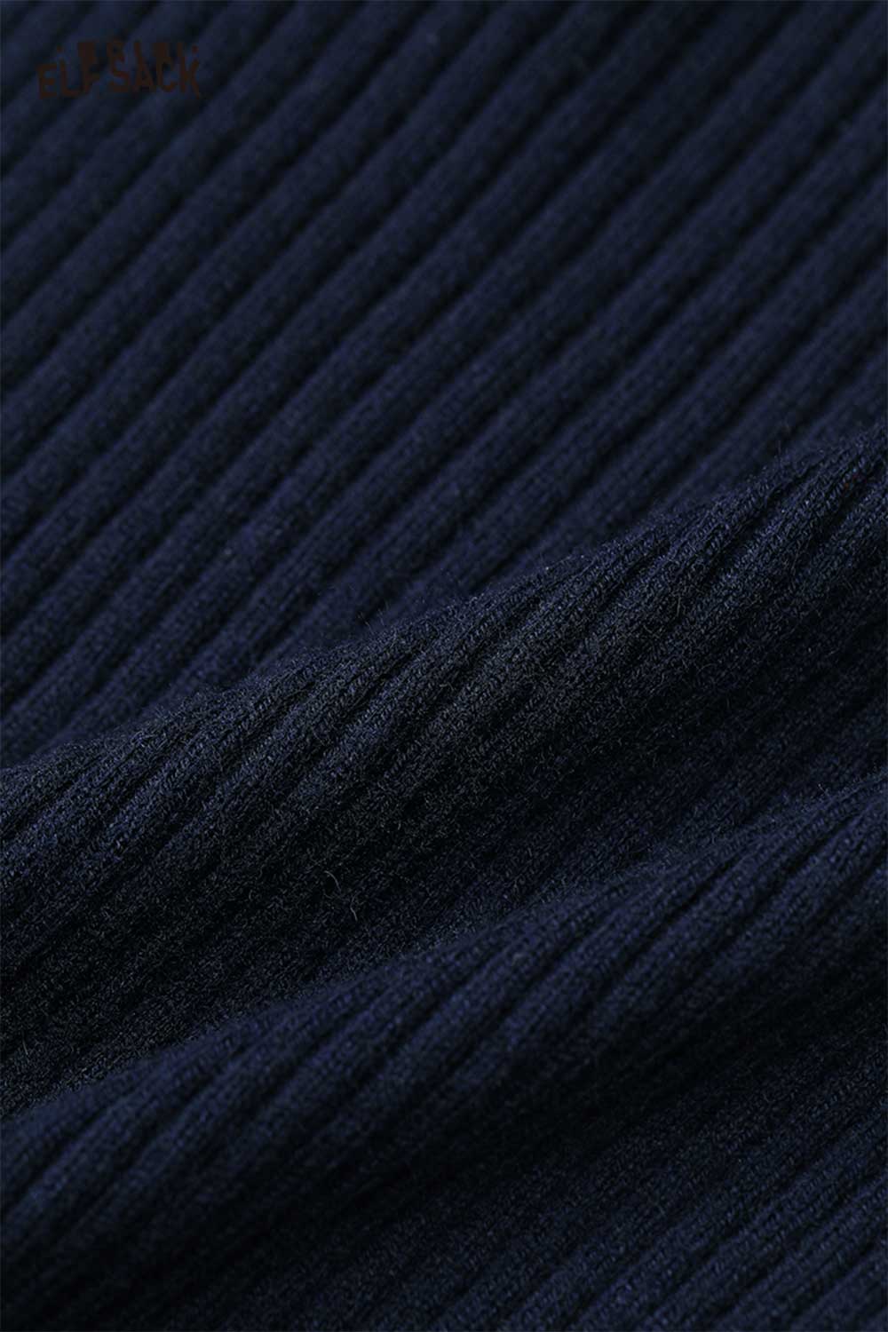 Close-up of ELFSACK women's slim fit v neck knitwear in soft navy ribbed fabric