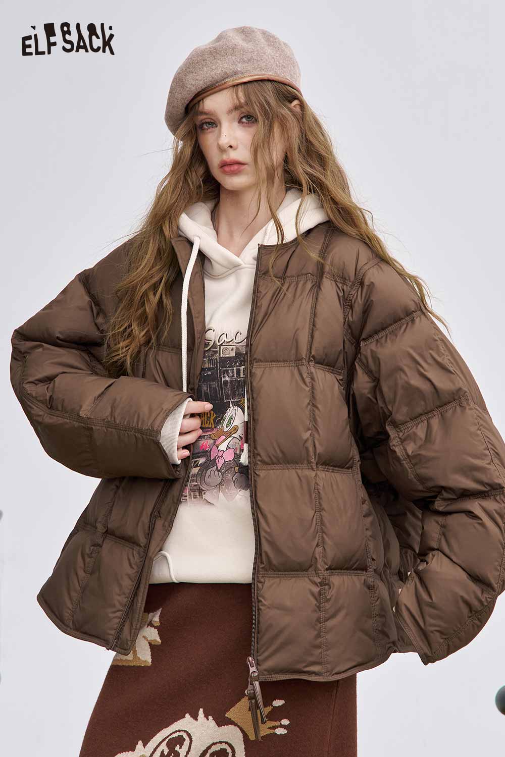 ELFSACK women's soft down jacket in brown, featuring a cozy oversized fit and stylish design