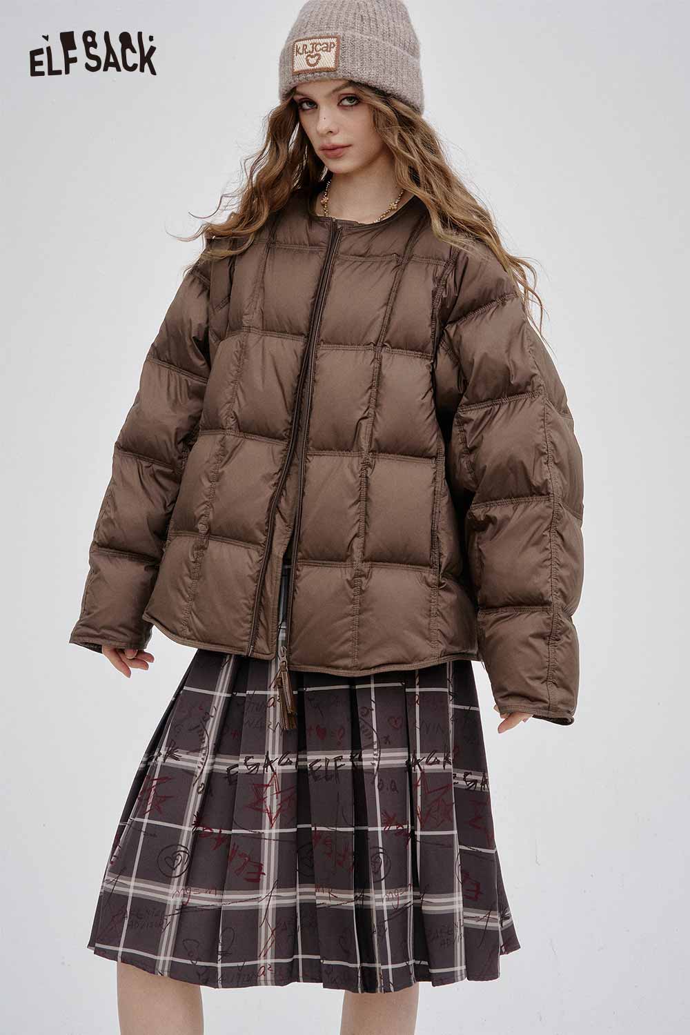 ELFSACK women's soft down jacket in brown with a cozy fit and stylish design for winter fashion