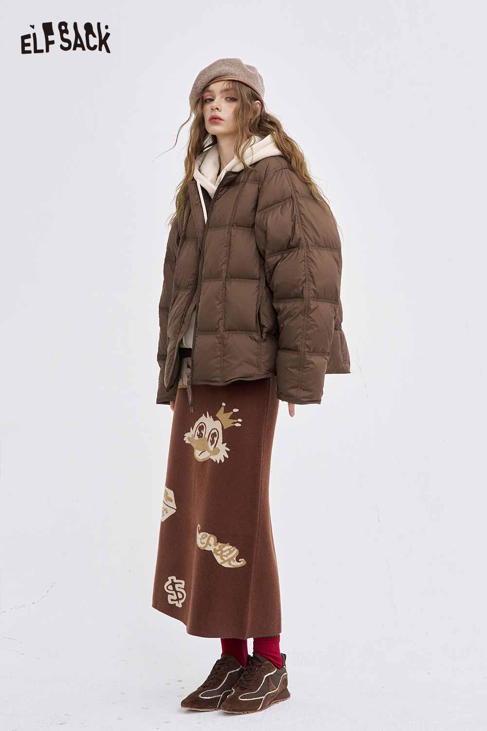 ELFSACK women's soft down jacket in brown with a cozy oversized fit for stylish winter wear