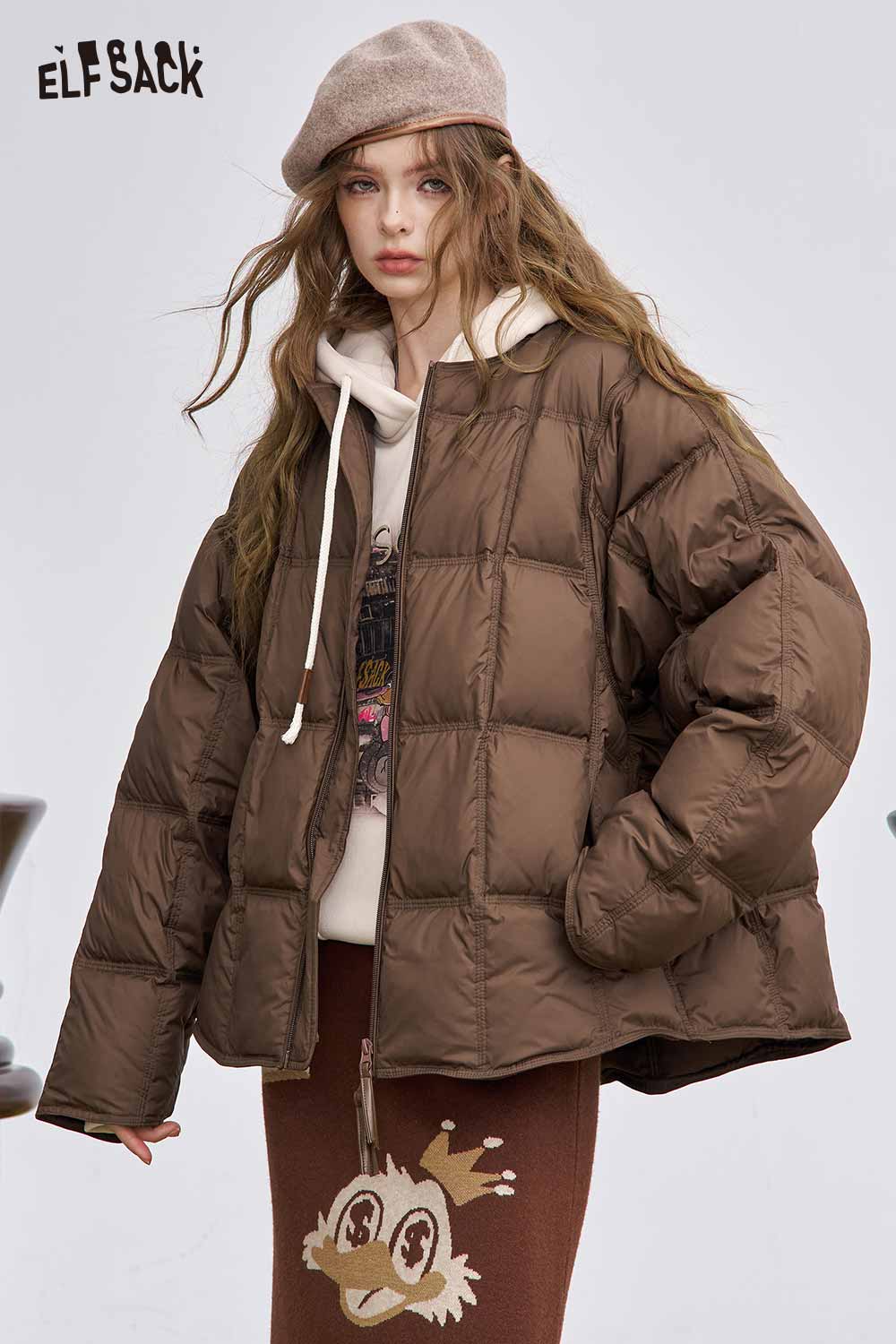 ELFSACK women's soft down jacket in brown with oversized fit and cozy hood for winter warmth