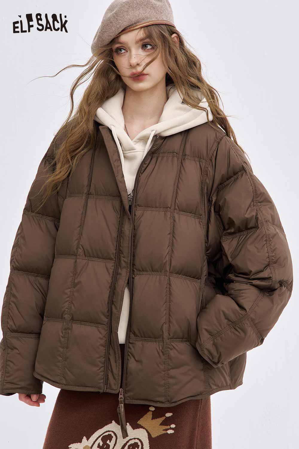 ELFSACK women's soft down jacket in brown with a relaxed fit and quilted design for stylish warmth