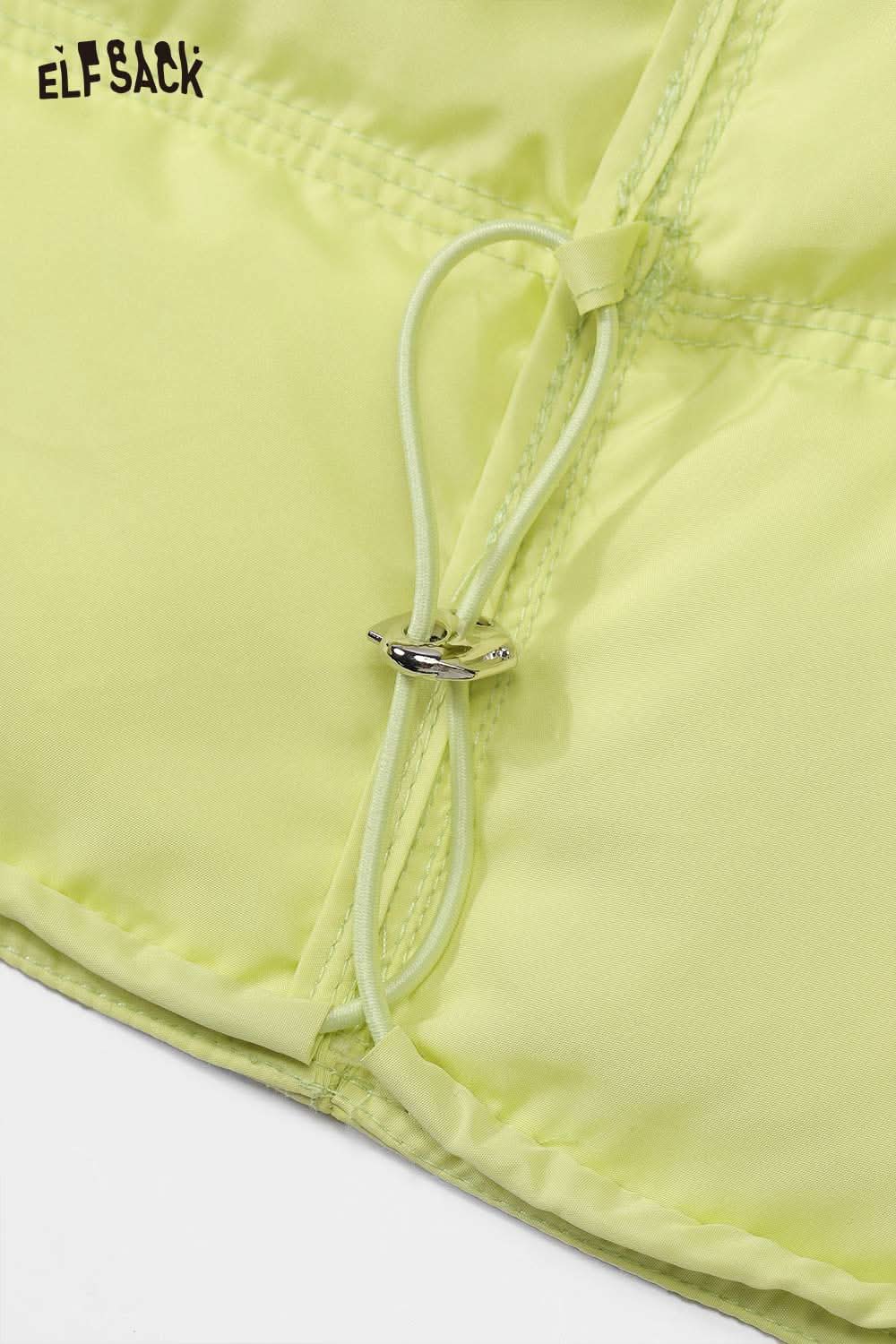 Close-up of ELFSACK women's soft down jacket showcasing the adjustable drawstring feature in vibrant yellow