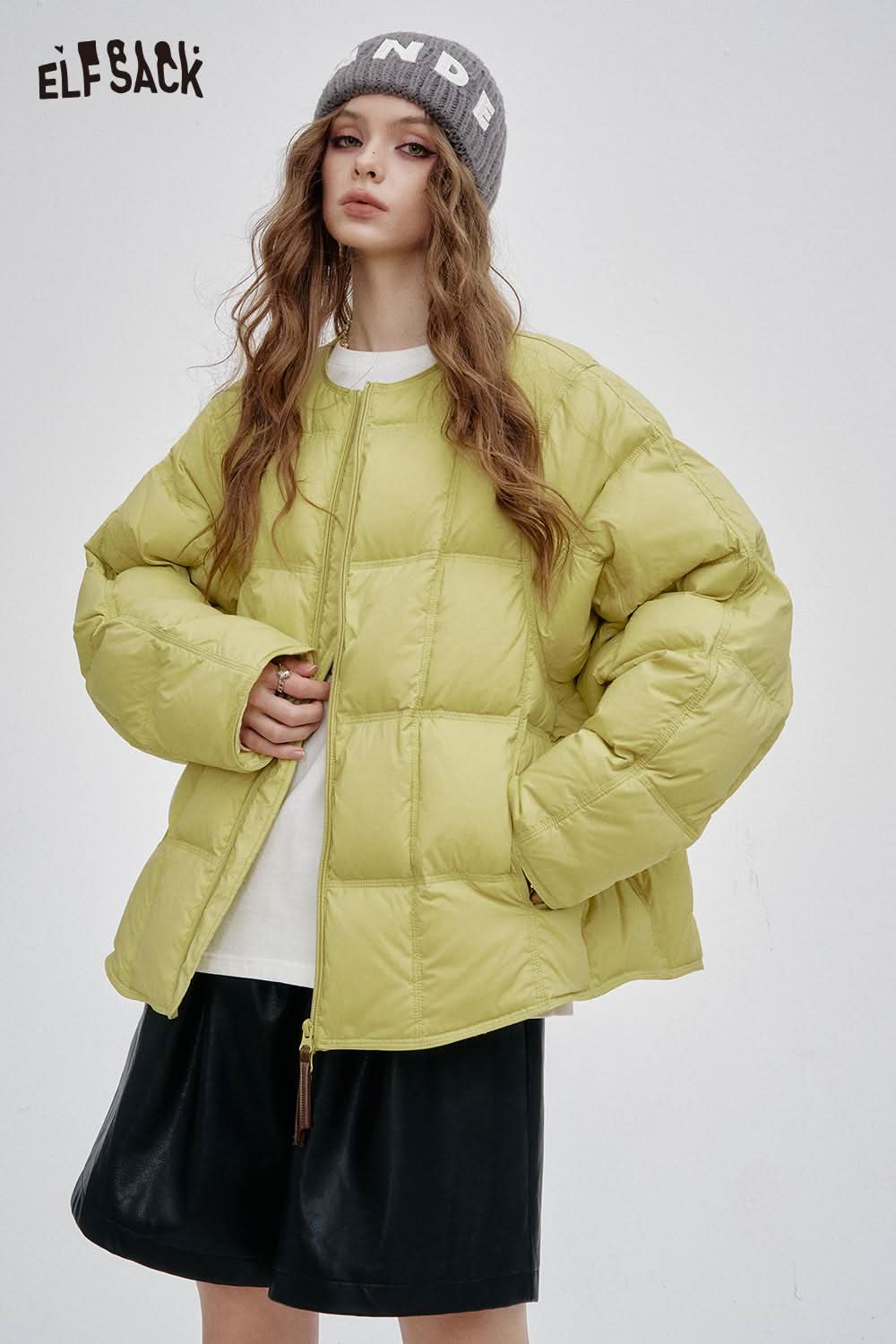 ELFSACK women's soft down jacket in lime green with a puffy design and oversized fit.