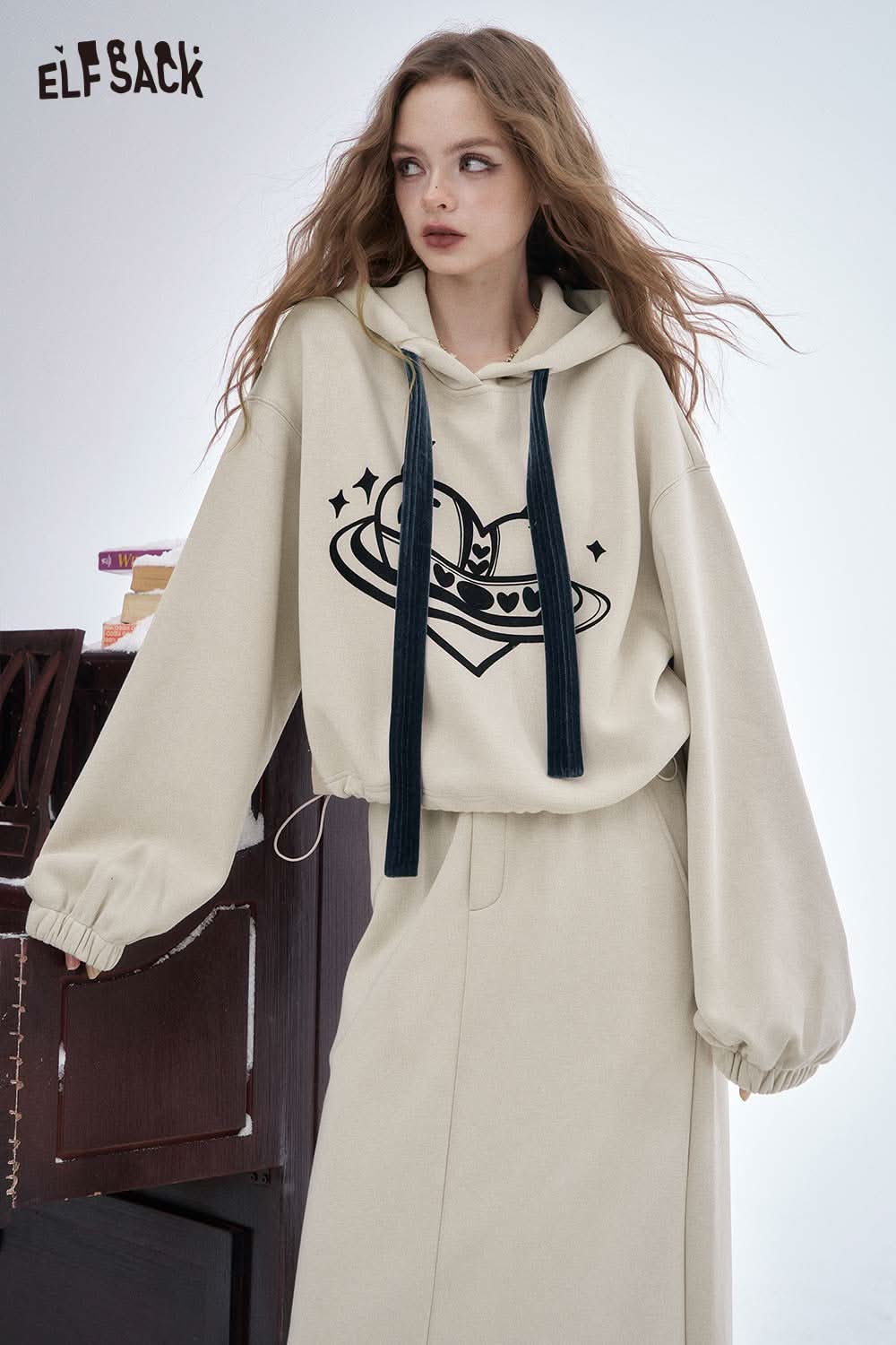 ELFSACK women's soft heart graphic skirt set with oversized hoodie and matching skirt