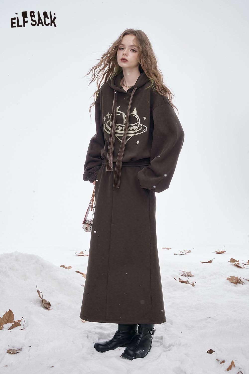 ELFSACK women's soft heart graphic skirt set in brown with matching hoodie and long skirt