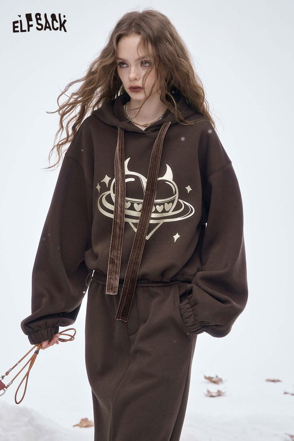 ELFSACK women's soft heart graphic skirt set featuring a cozy brown hoodie and matching skirt