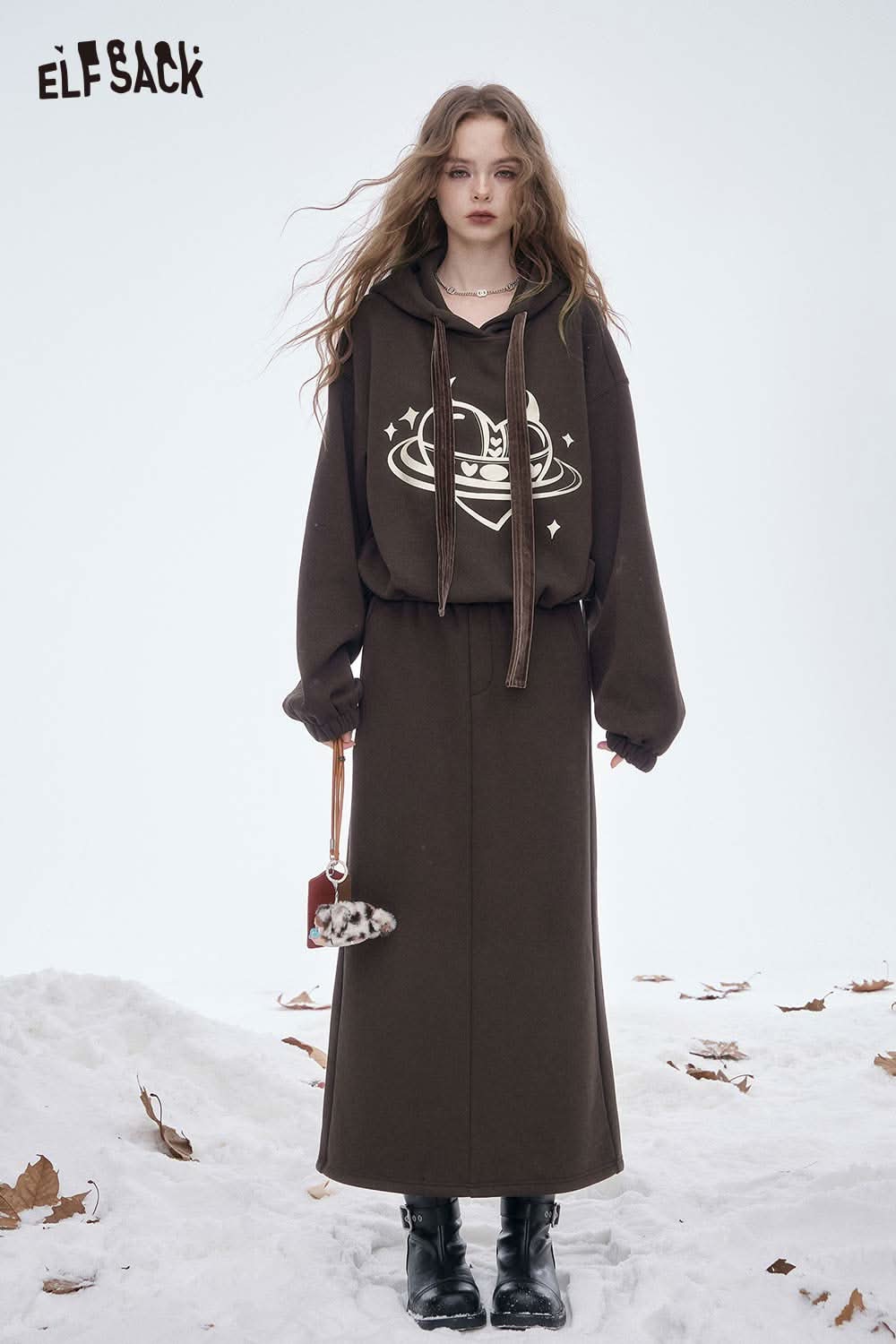 ELFSACK women's soft heart graphic skirt set in brown featuring a cozy hoodie and maxi skirt