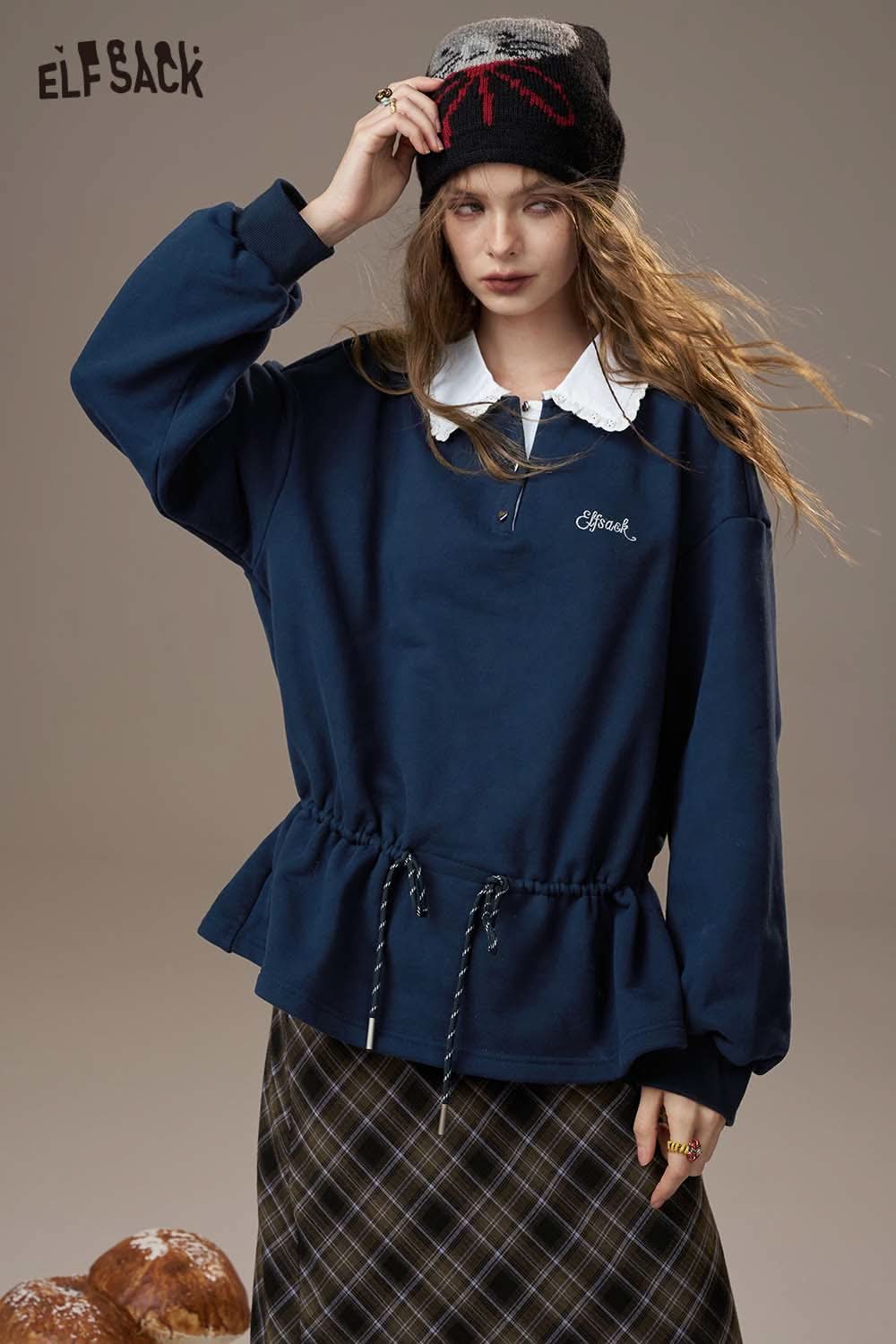 ELFSACK navy women's soft pullover top with a peplum waist and collar detail for a stylish look