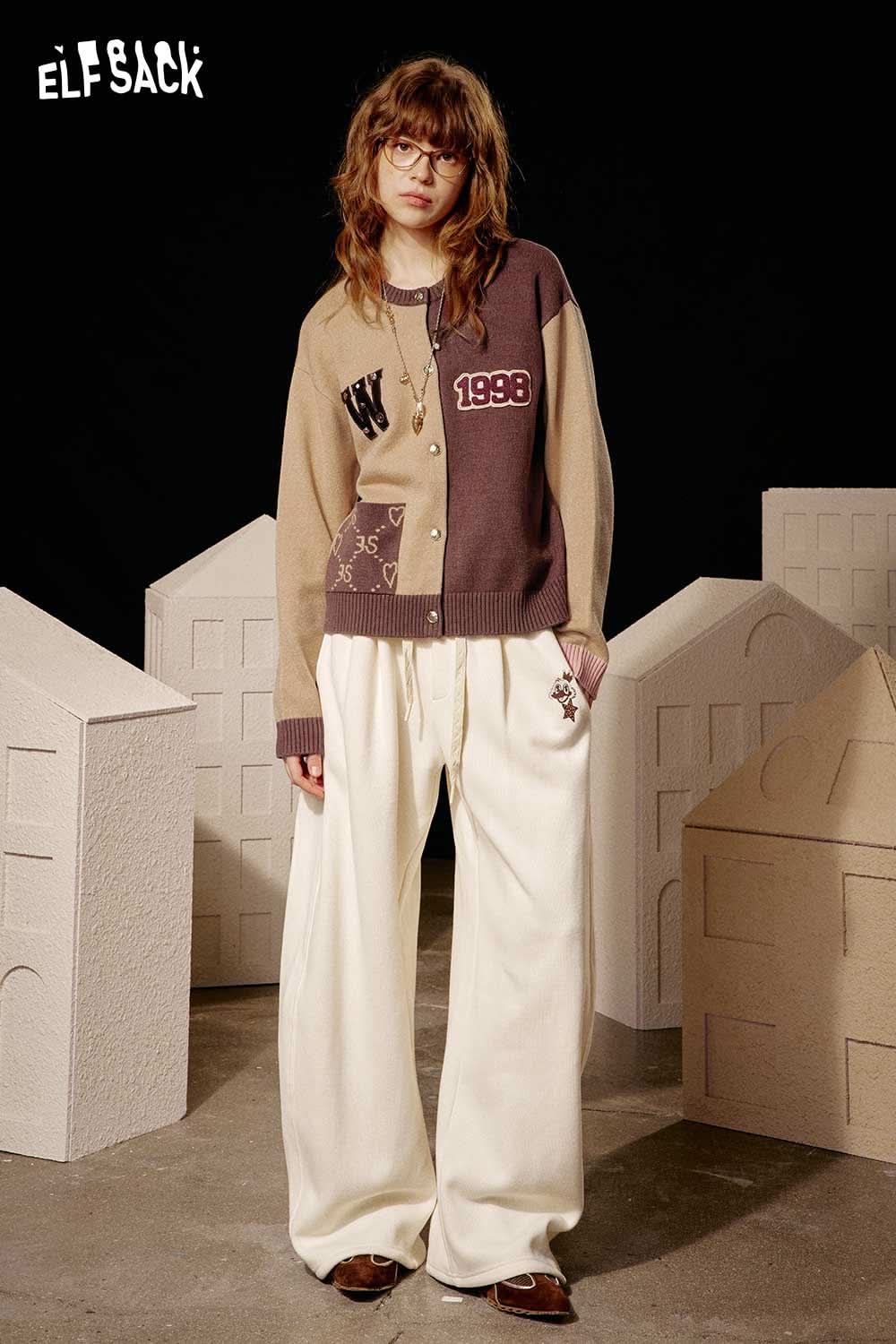 ELFSACK women's soft round neck sweater in brown and beige with stylish details and a relaxed fit