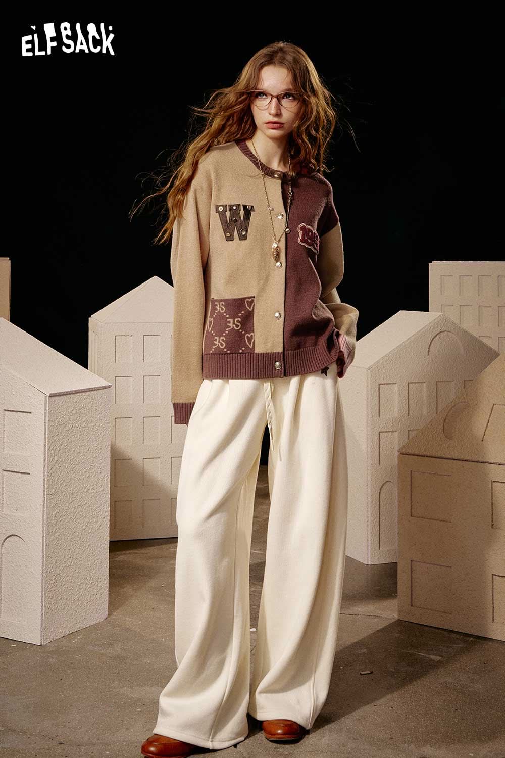 ELFSACK women's soft round neck sweater in beige with colorful patch details and buttons