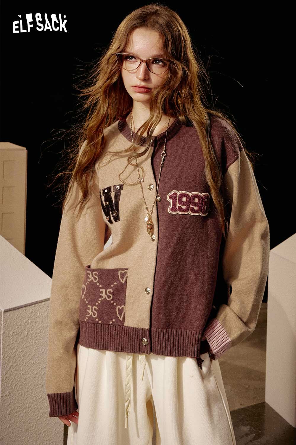 ELFSACK women's soft round neck sweater in brown and beige with stylish buttons and heart patterns