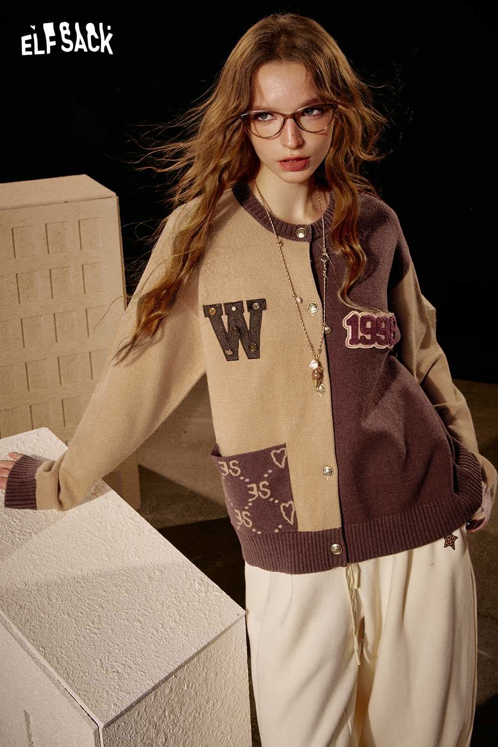 ELFSACK women's soft round neck sweater in trendy color block design, perfect for casual outfits