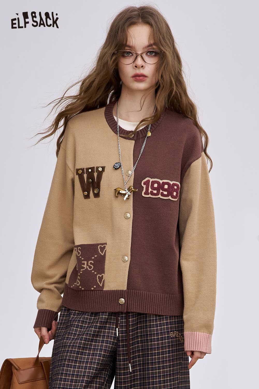 ELFSACK women's soft round neck sweater in color-block design with buttons and graphic details