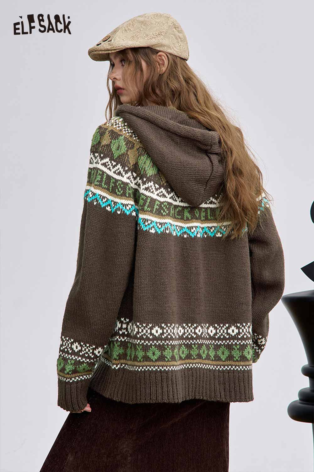 ELFSACK women's soft zip hooded sweater in brown with trendy Fair Isle pattern and comfortable fit