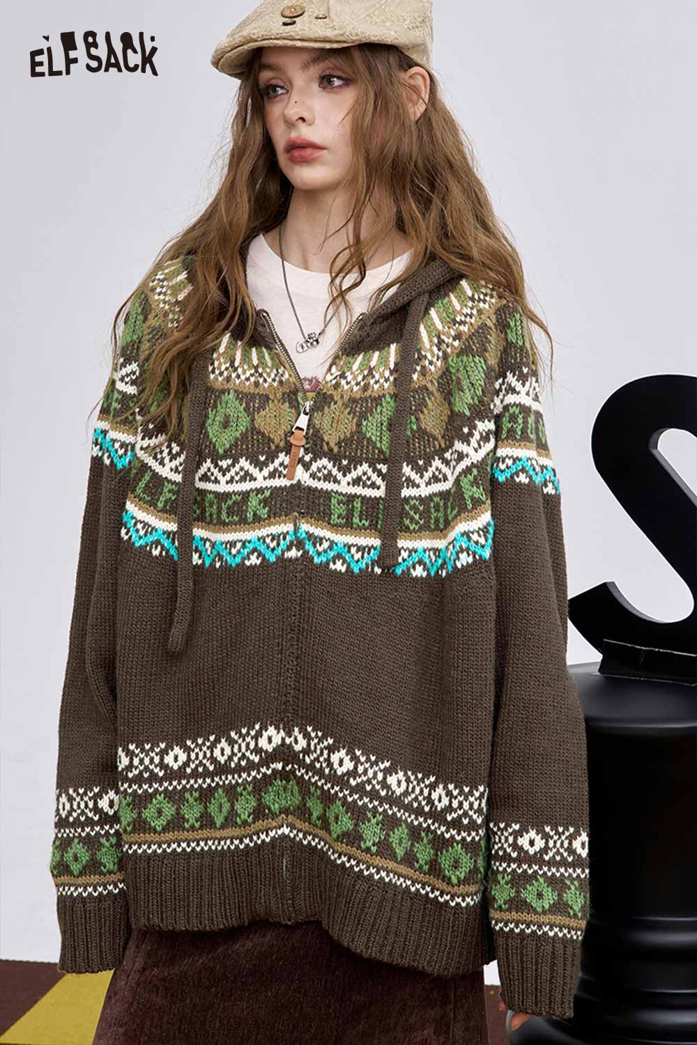 ELFSACK women's soft zip hooded sweater in brown with vibrant patterned design for cozy style