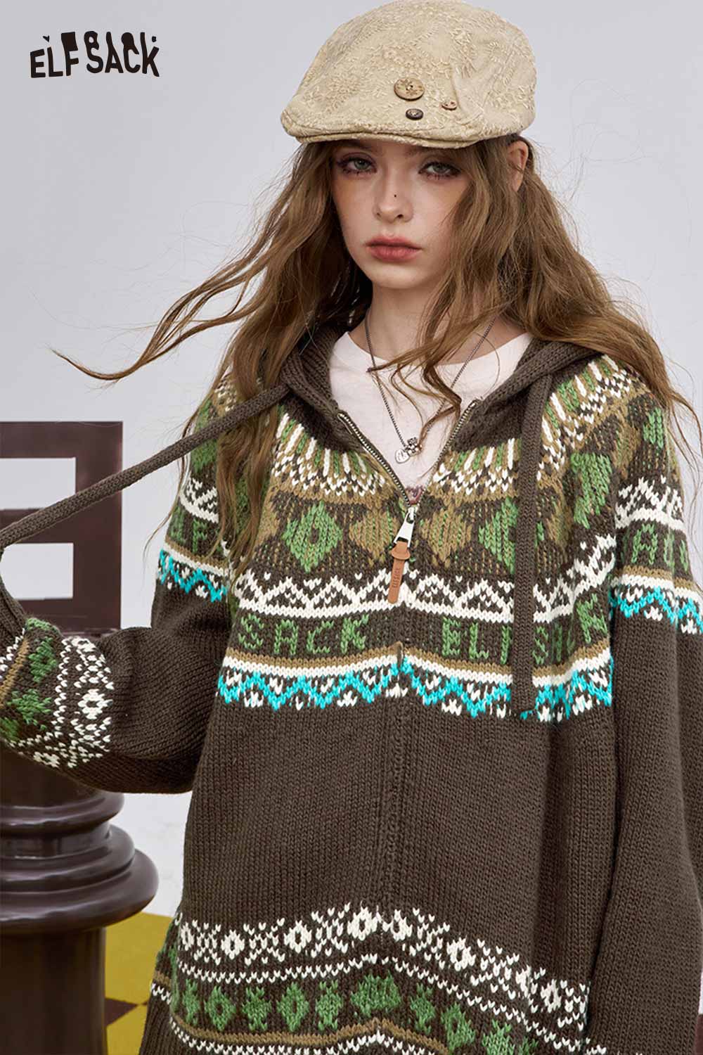 ELFSACK women's soft zip hooded sweater with colorful patterned design and cozy fit