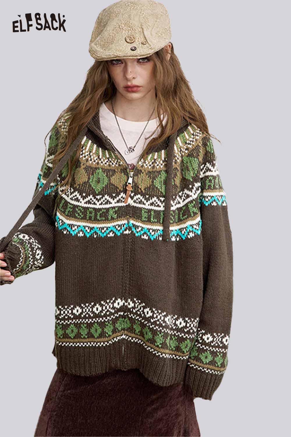 ELFSACK women's soft zip hooded sweater in brown with colorful Fair Isle patterns