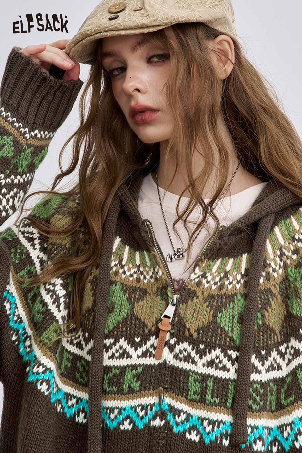 ELFSACK women's soft zip hooded sweater in brown with patterned design and kangaroo pockets