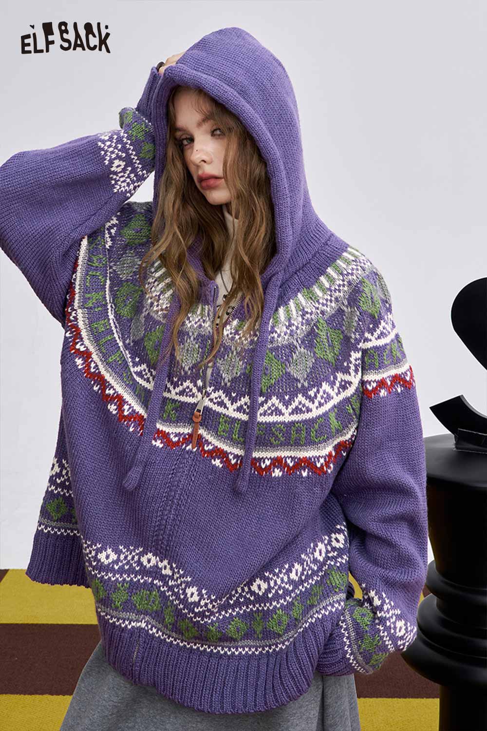 ELFSACK women's soft zip hooded sweater in purple with colorful knitted designs and large hood