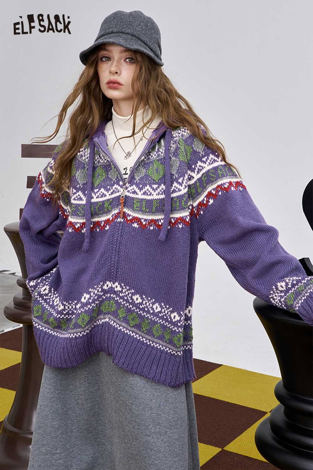 ELFSACK women's soft zip hooded sweater in purple with colorful Nordic patterns and relaxed fit