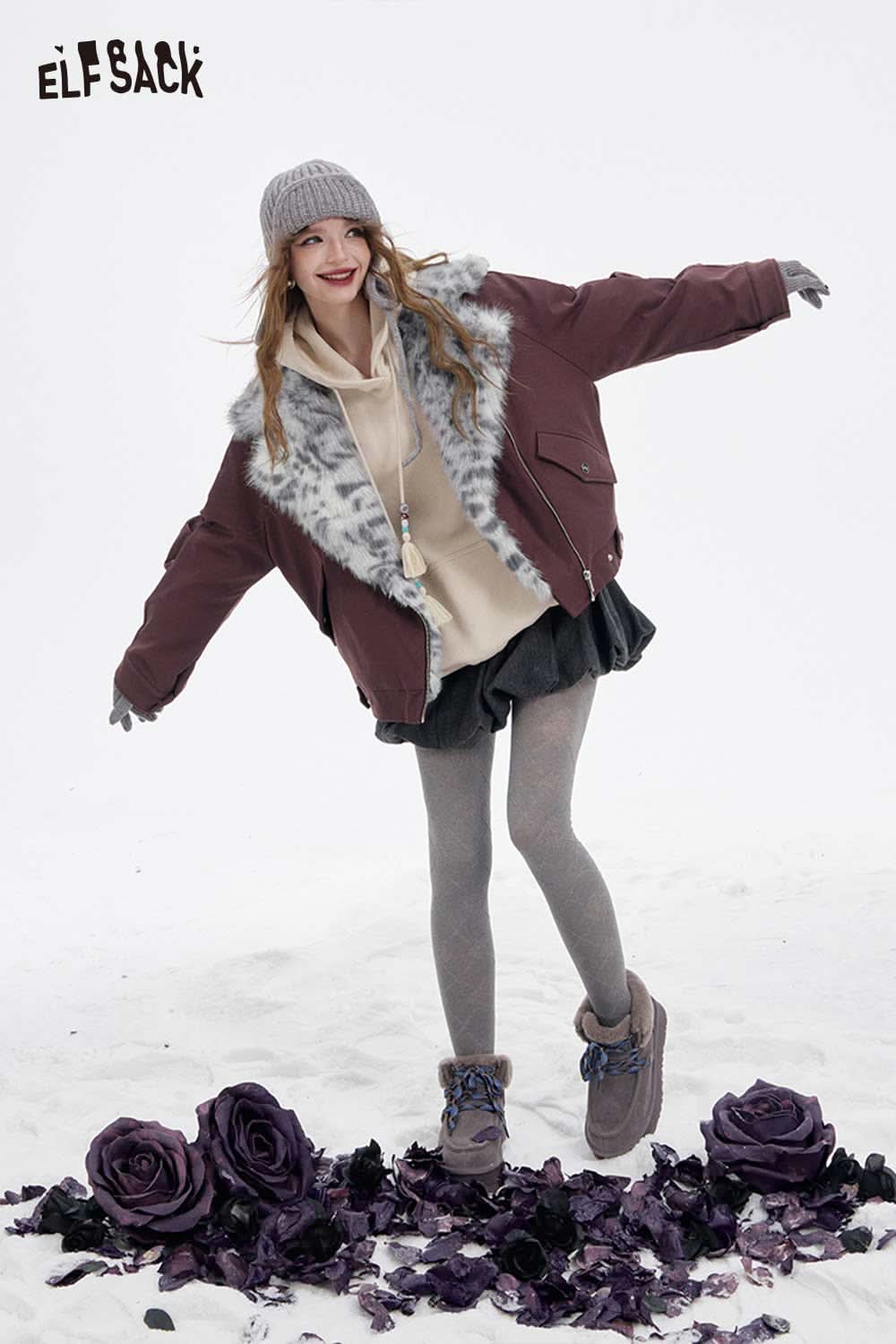 ELFSACK women's spotted plush collar coat with stylish design and warm fabric, perfect for cold weather outfits.