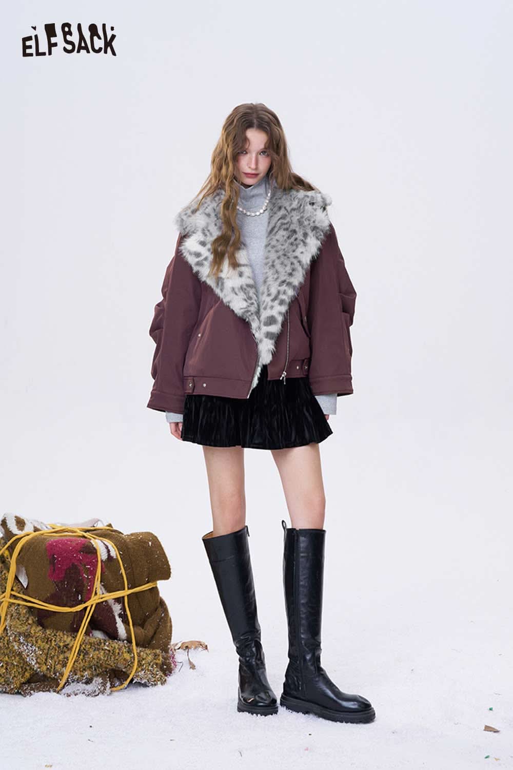 ELFSACK women's spotted plush collar coat in burgundy with stylish fur collar for a chic winter look