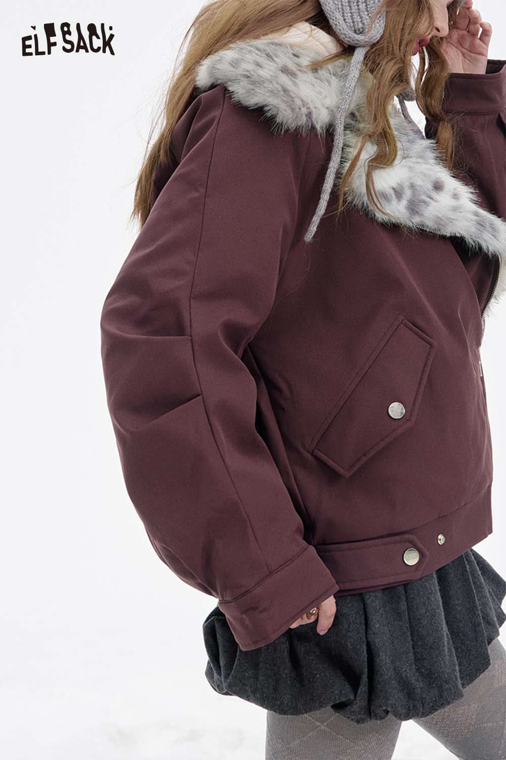 ELFSACK women's spotted plush collar coat in burgundy, perfect for stylish winter comfort