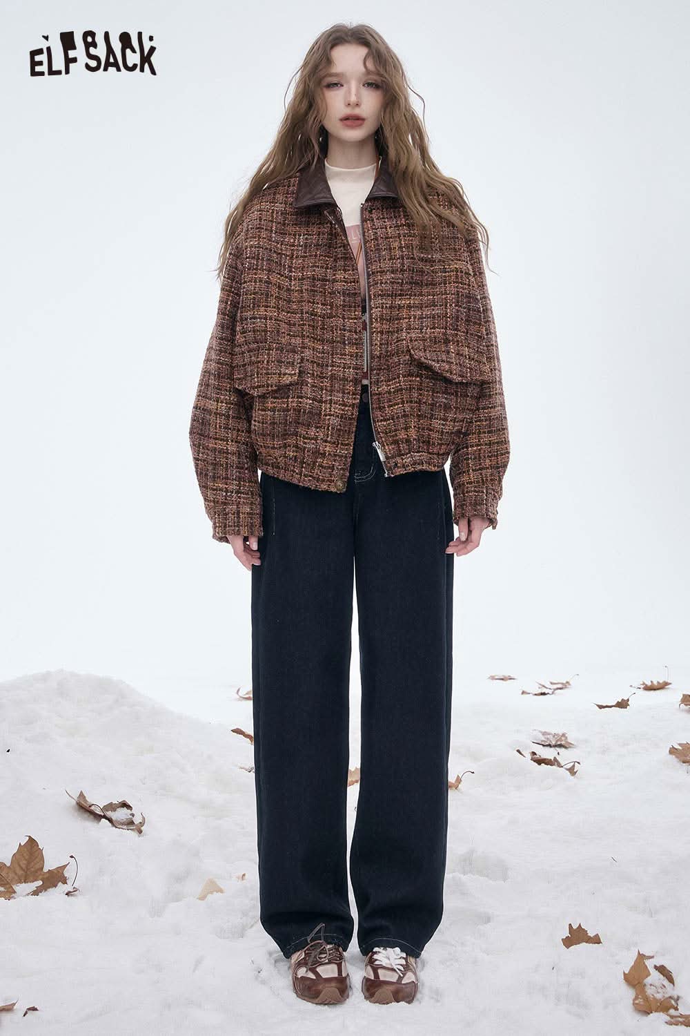 ELFSACK women's straight leg jeans in dark wash paired with a stylish brown jacket