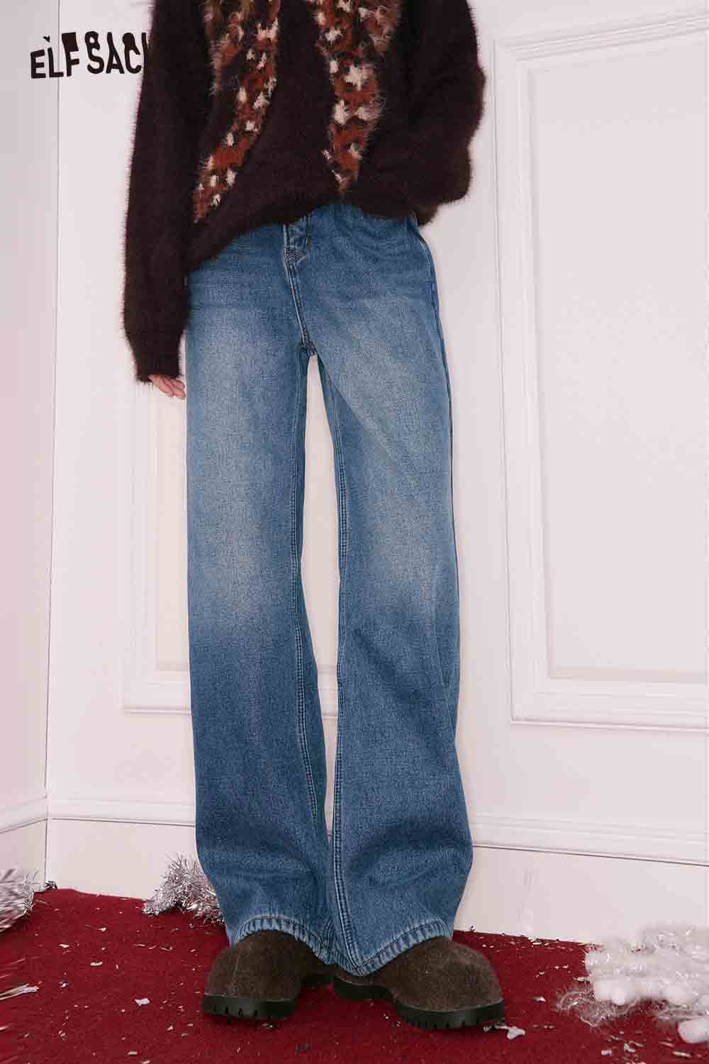 ELFSACK women's straight loose floor length jeans in light blue for a casual and stylish look