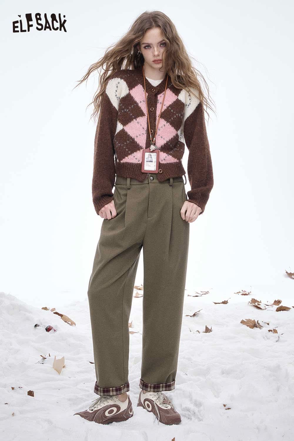 ELFSACK women's striped cuff straight pants in khaki paired with a vintage sweater for a trendy winter look