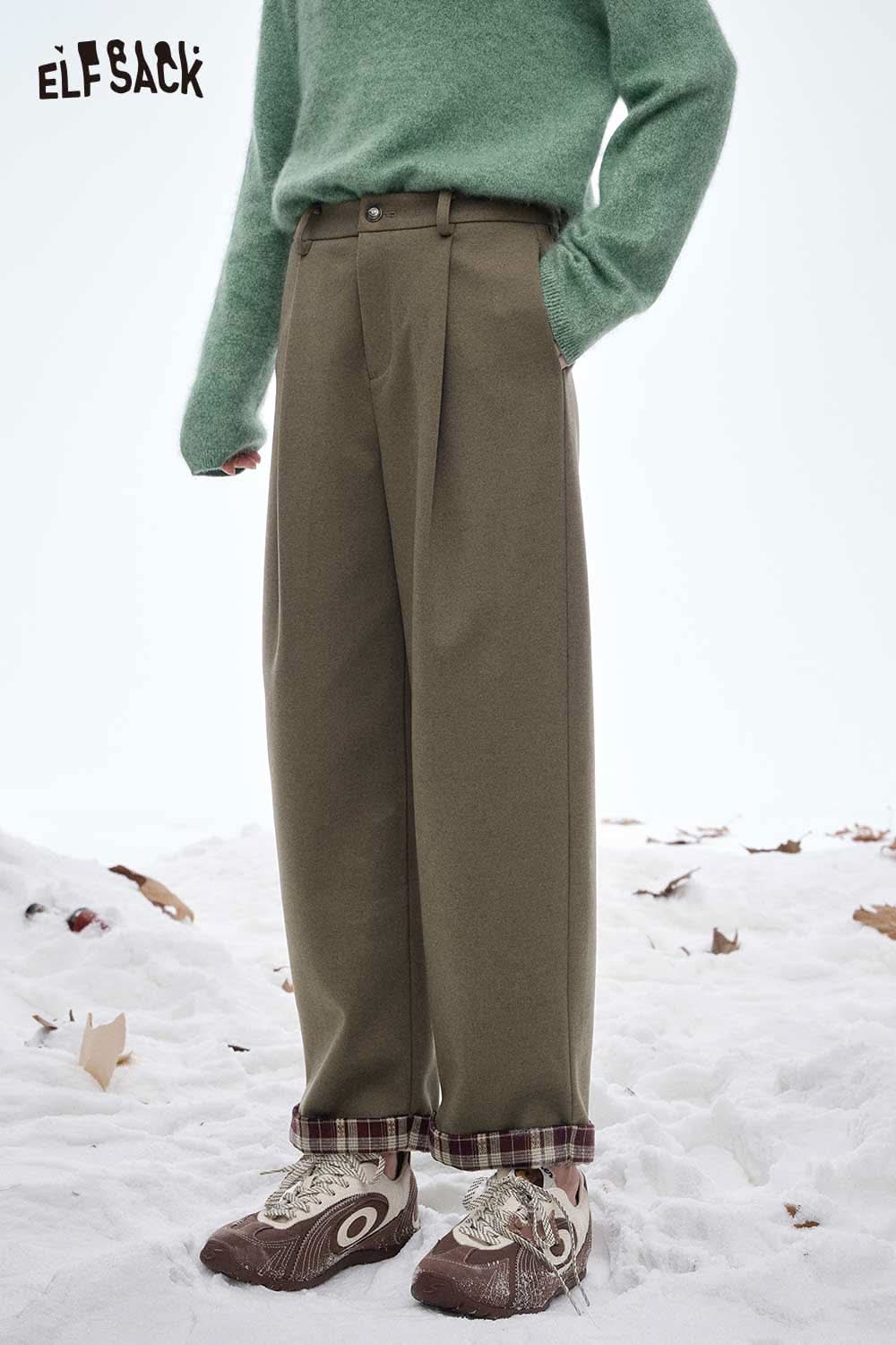 ELFSACK women's striped cuff straight pants in olive green, styled with a cozy sweater and casual shoes