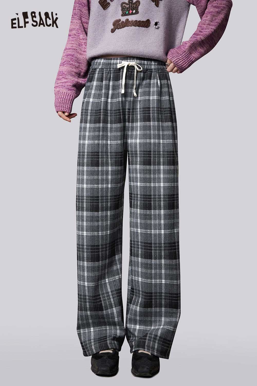 ELFSACK women's striped drawstring pants in plaid pattern for casual and comfortable wear