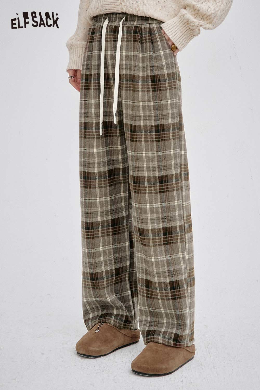 ELFSACK women's striped drawstring pants in plaid design with a relaxed fit for casual comfort