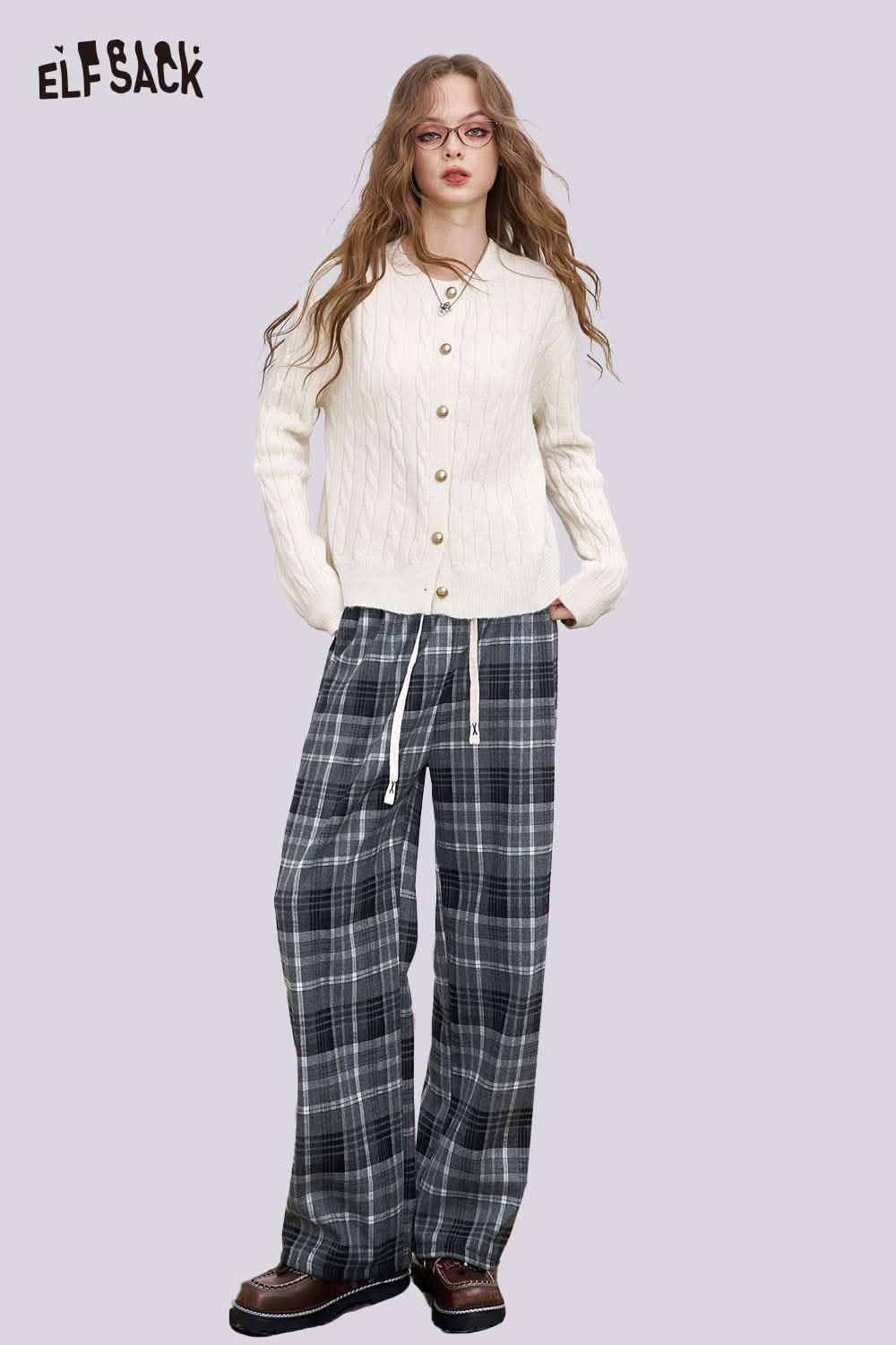 ELFSACK women's striped drawstring pants in relaxed fit with plaid pattern for comfortable style