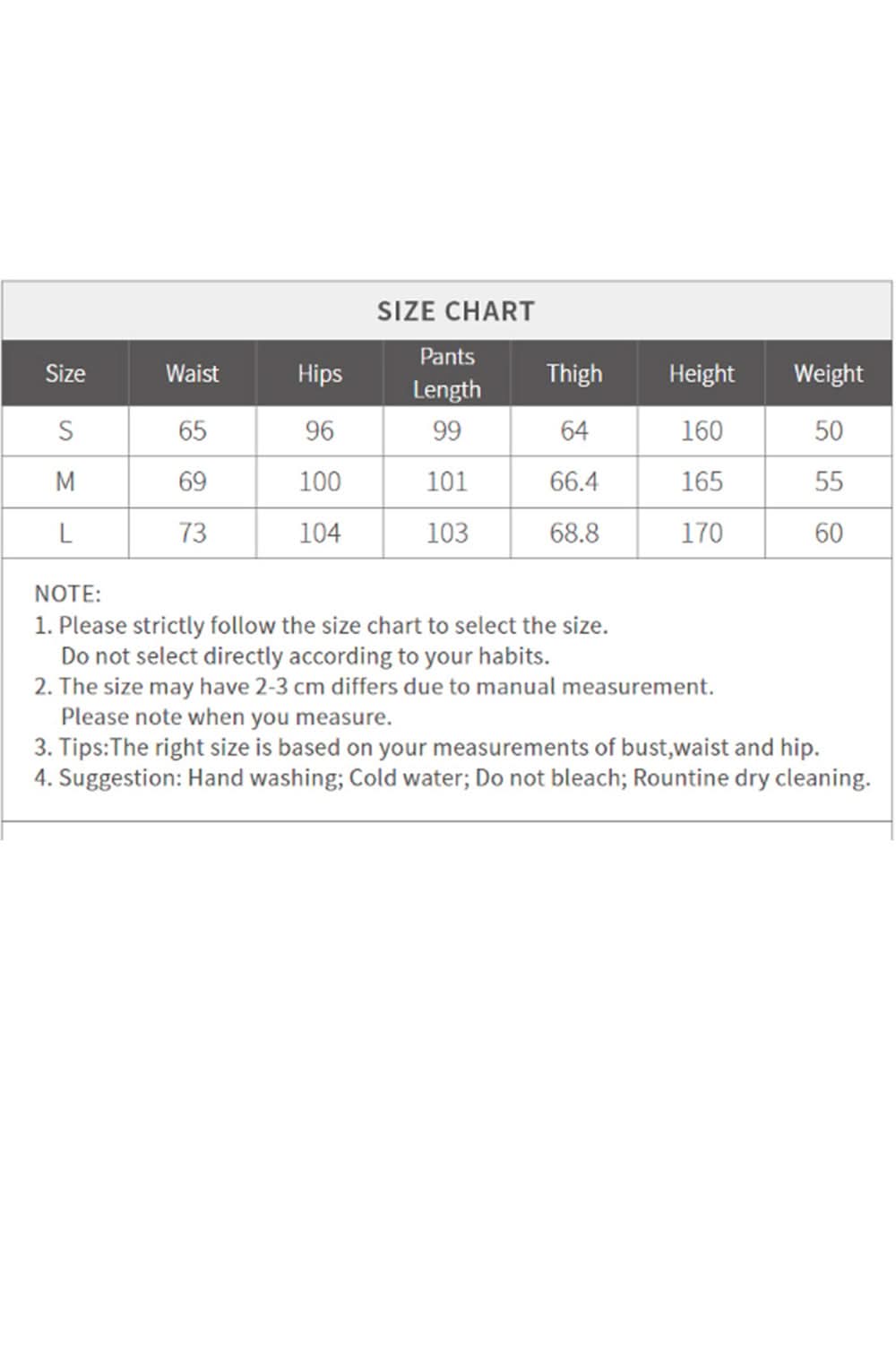 ELFSACK women's striped drawstring pants size chart with measurements for waist and length