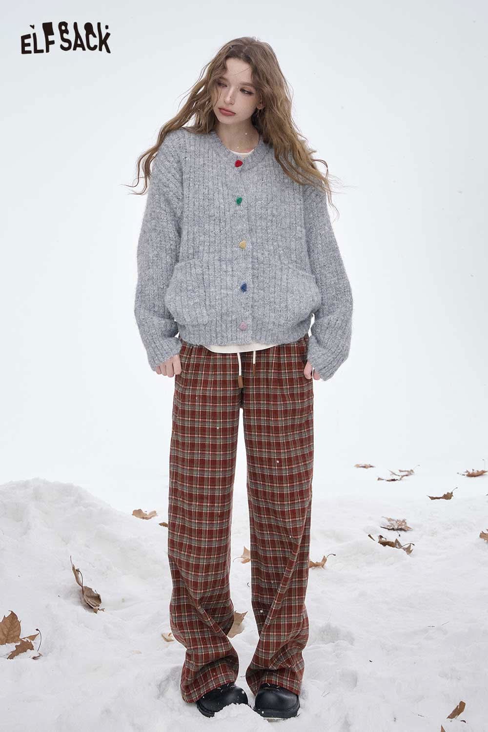 ELFSACK women's striped floor length pants with a relaxed fit, perfect for winter layering