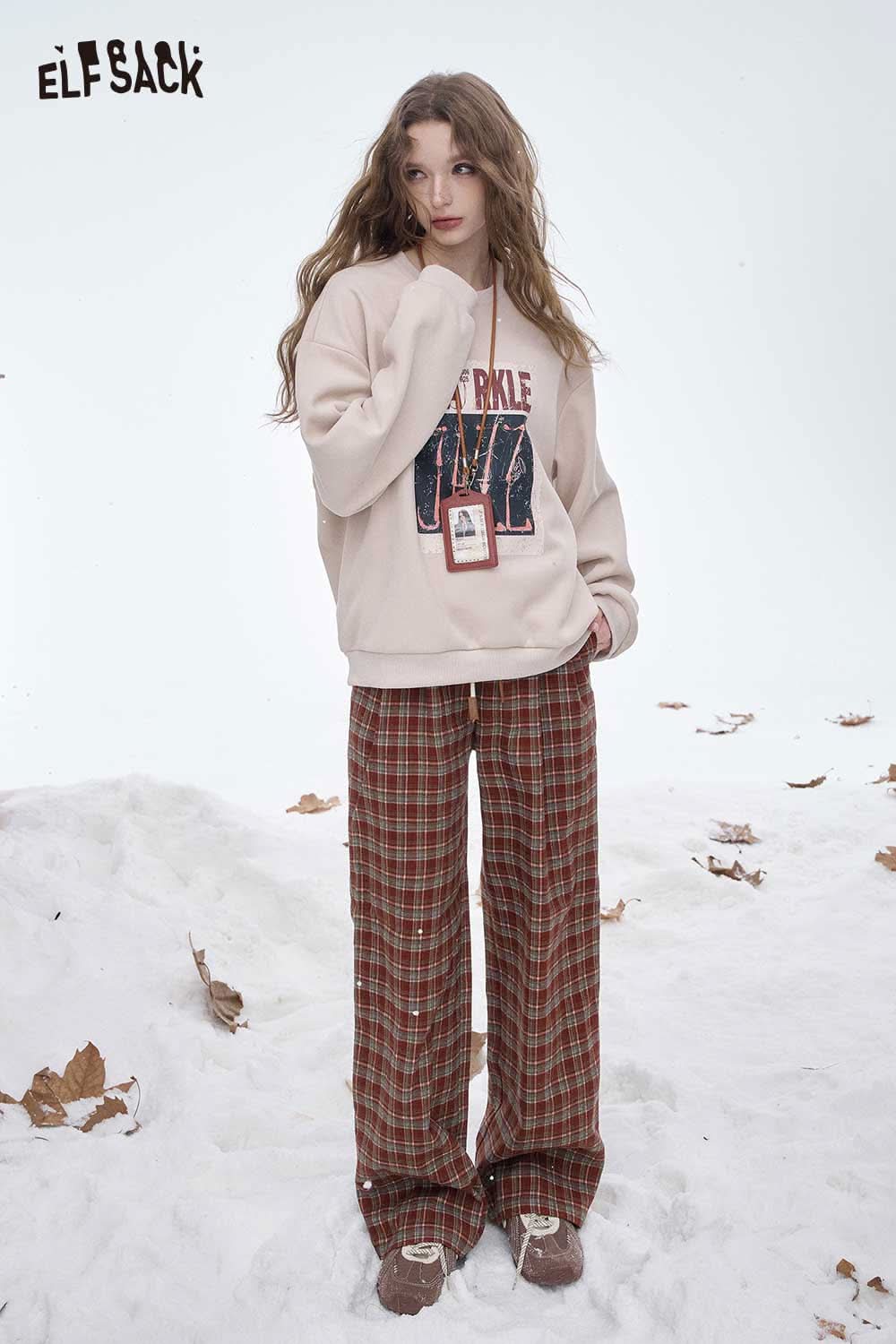 ELFSACK women's striped floor length pants with a relaxed fit, perfect for winter wear