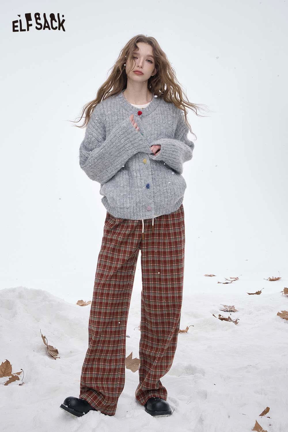 ELFSACK women's striped floor length pants in a checkered pattern, styled casually with a cozy sweater