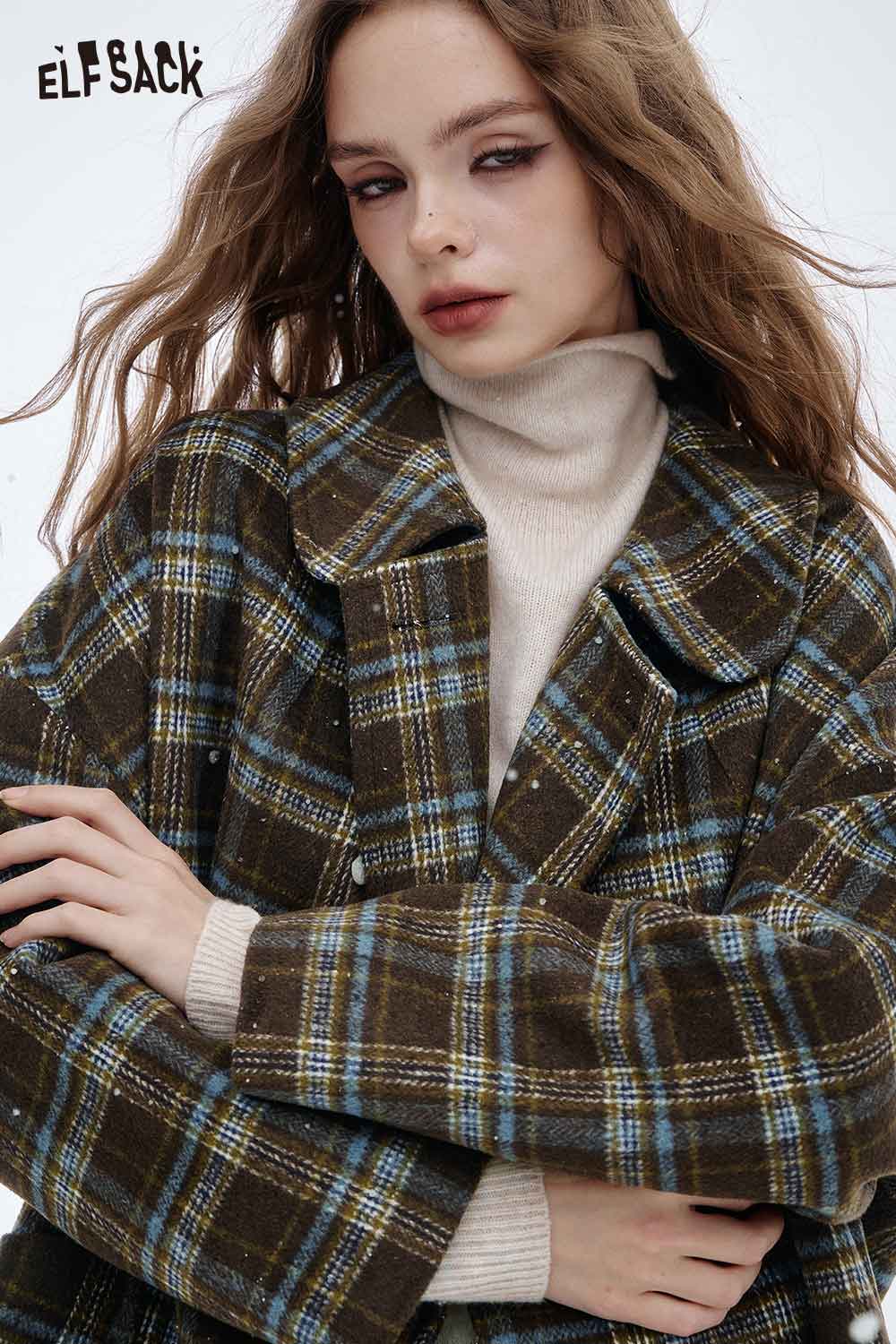 ELFSACK women's striped wool coat in plaid design, featuring a stylish collar and comfortable fit