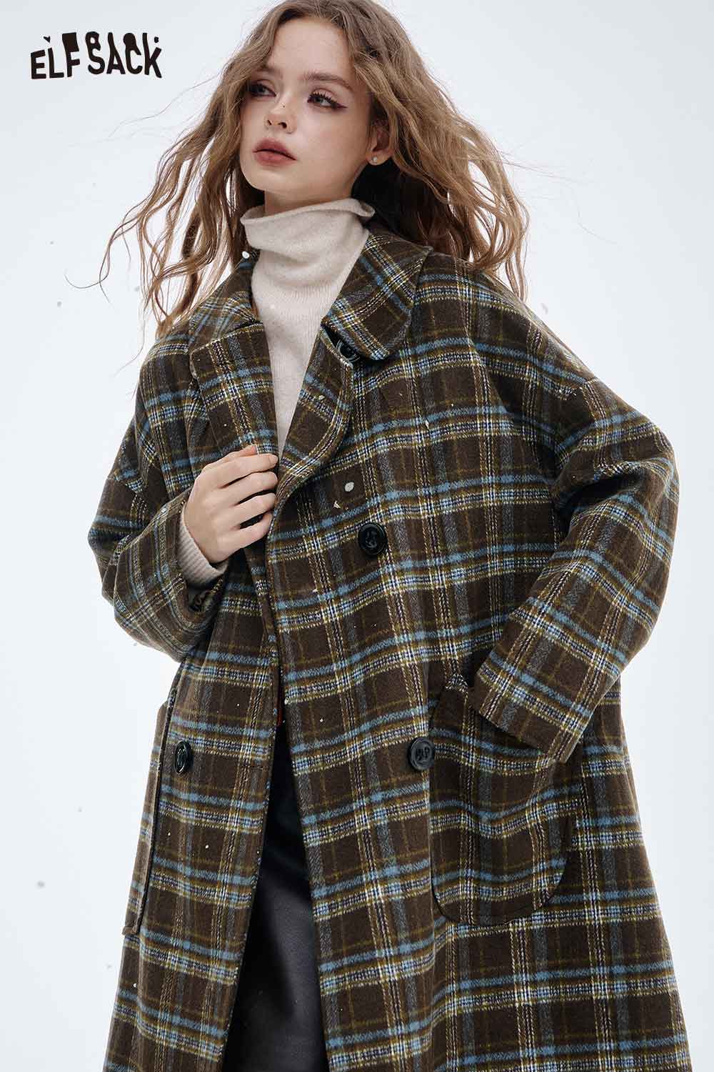 ELFSACK women's striped wool coat featuring a stylish plaid pattern and relaxed fit
