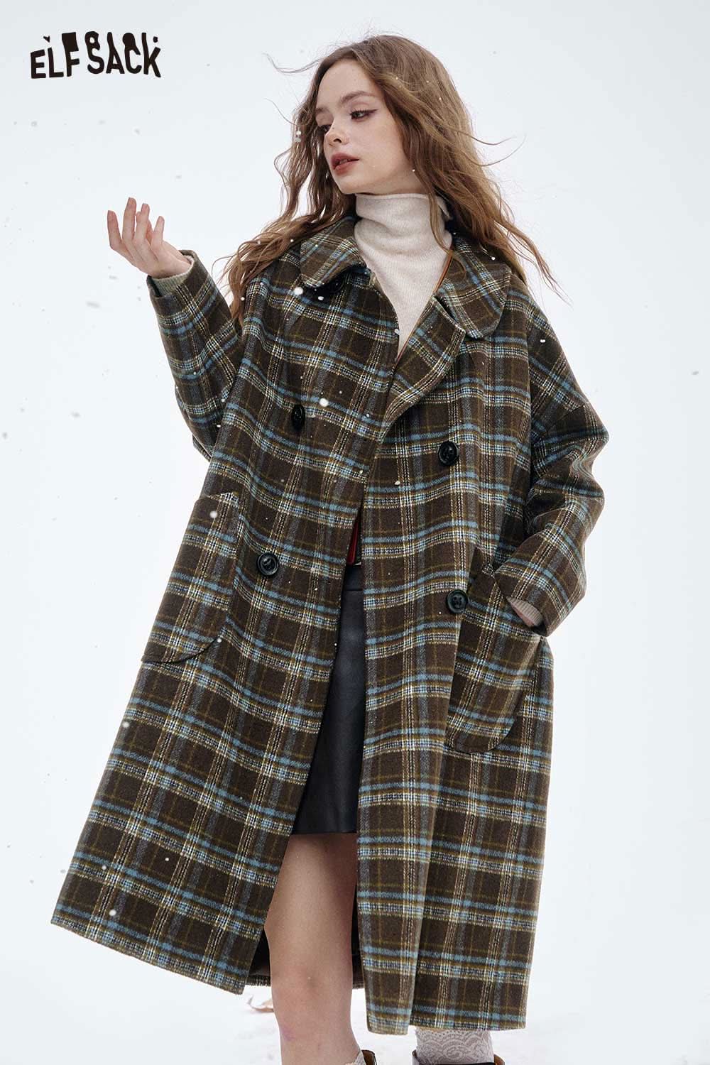 ELFSACK women's striped wool coat featuring a relaxed fit and classic double-breasted design