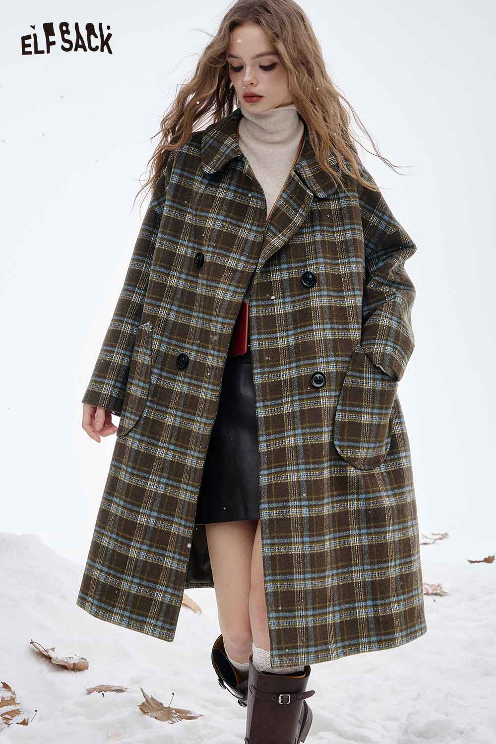 ELFSACK women's striped wool coat in plaid design, perfect for winter layering and style