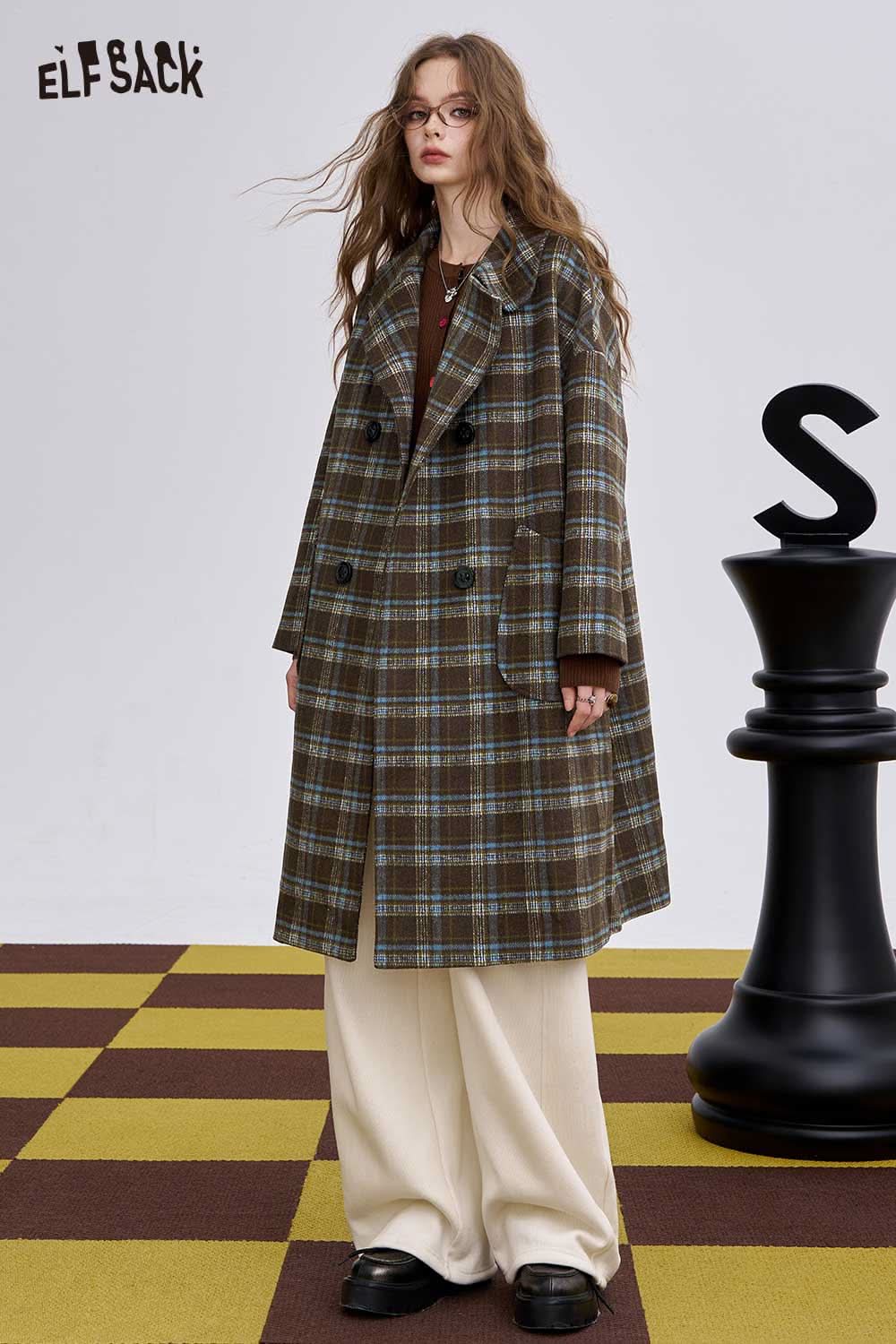 ELFSACK women's striped wool coat in brown plaid design with a relaxed fit and double-breasted buttons