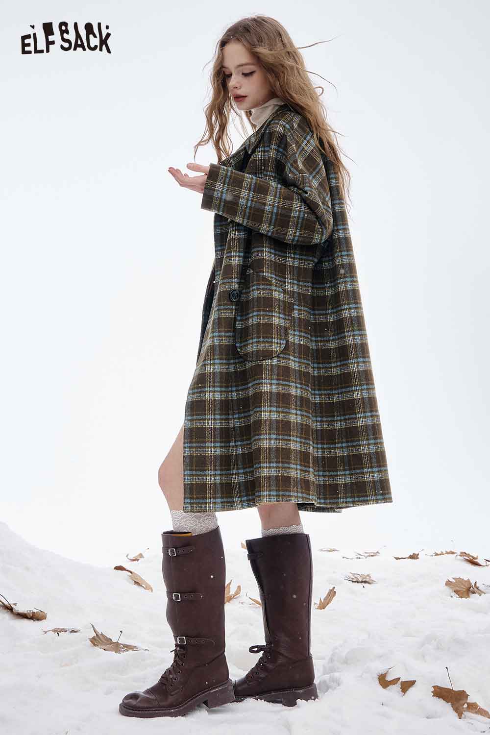 ELFSACK women's striped wool coat in plaid design, perfect for stylish warmth during winter